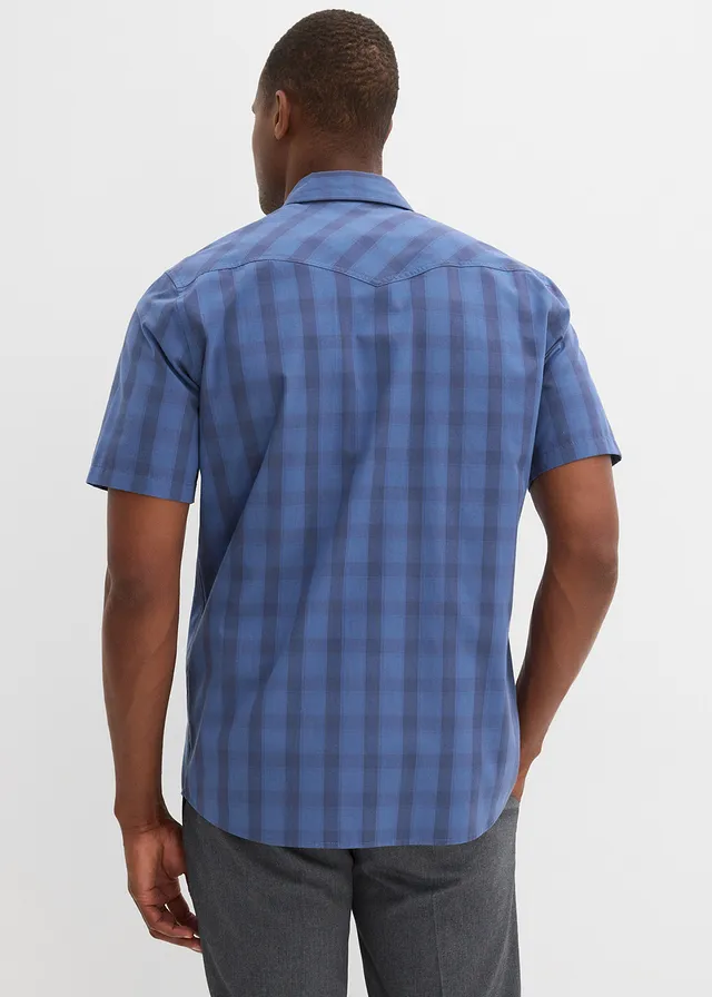 Overhemd met korte mouwen van puur katoen, Kleur: mentholblauw/donkerblauw geruit