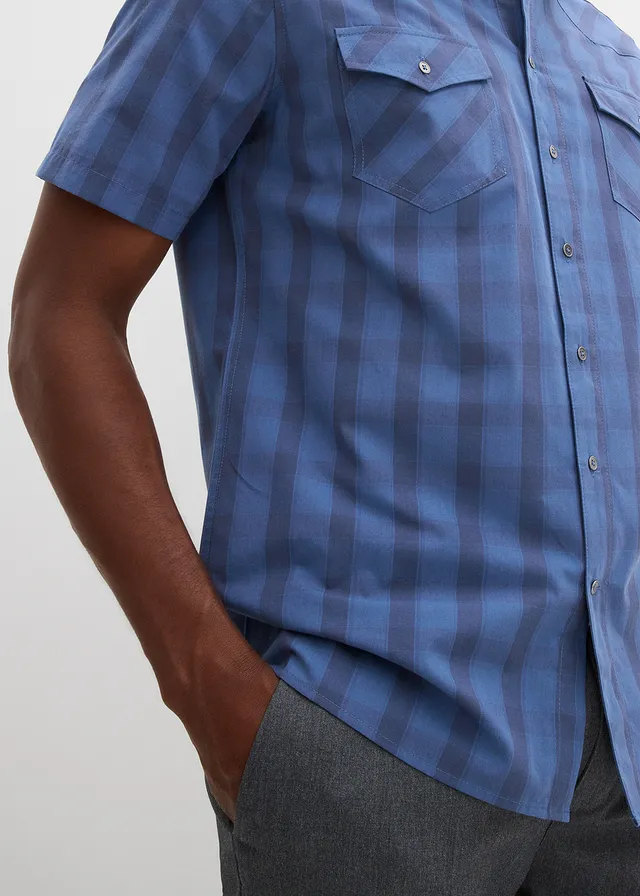 Chemise manches courtes 100% coton • bleu jean-bleu foncé carreaux • product-page.page-title-suffix