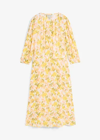 Jurk van gestructureerde crinkle, Kleur: wit-tulpengeel-mat pistache-lichtzalm-melba-lemon-mosgroen gebloemd