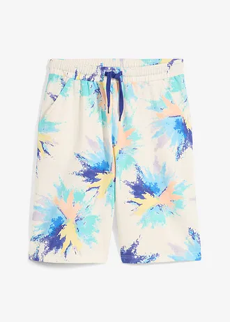 Teplákové bermudy z organické bavlny, barva: béžová s barevným potiskem