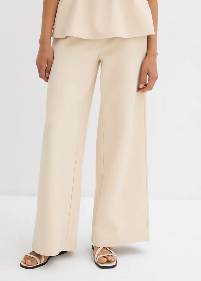 Pantalon large en maille piquée, Couleur: beige galet