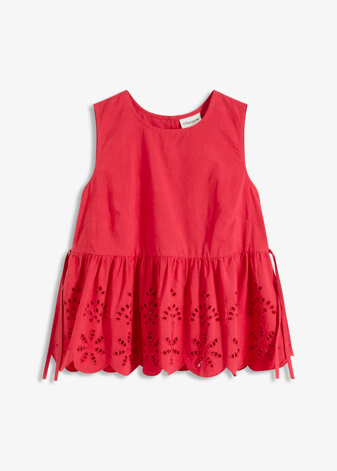 Halenkový top bez rukávů, s rozparkem a dírkovanou výšivkou • červená • bonprix obchod