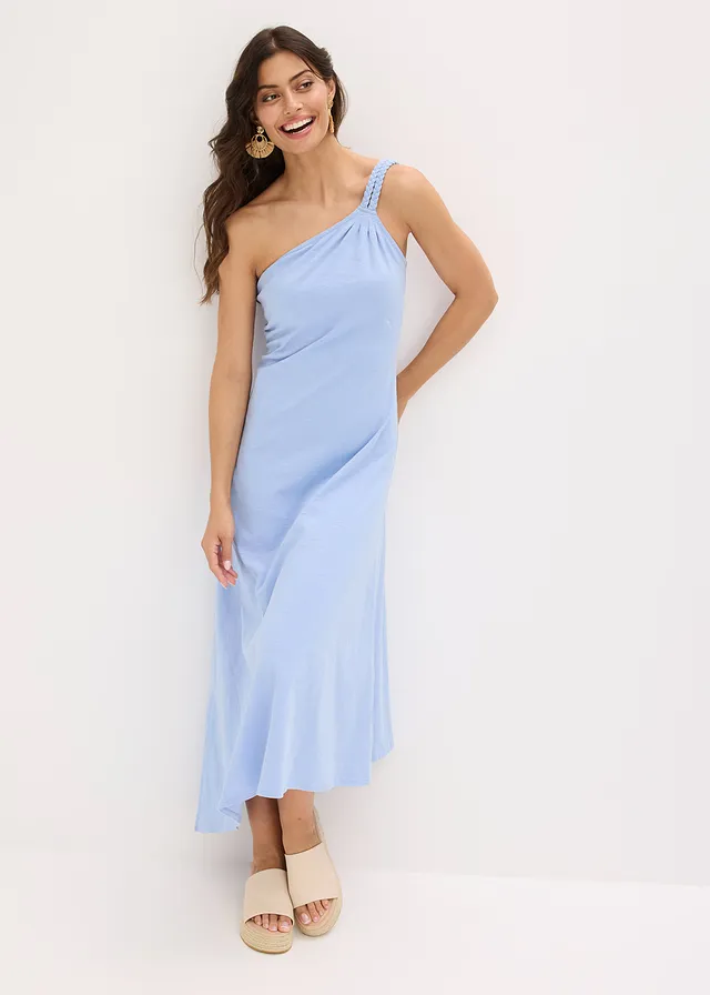 Jersey jurk met asymmetrische zoom en knoopdetail op de schouder • parelblauw • product-page.page-title-suffix