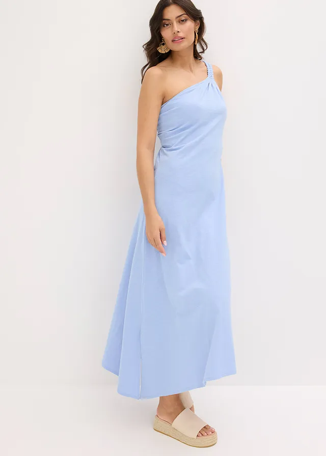 Robe en jersey coton à base asymétrique et détail nœud sur l’épaule, Couleur: bleu nacré