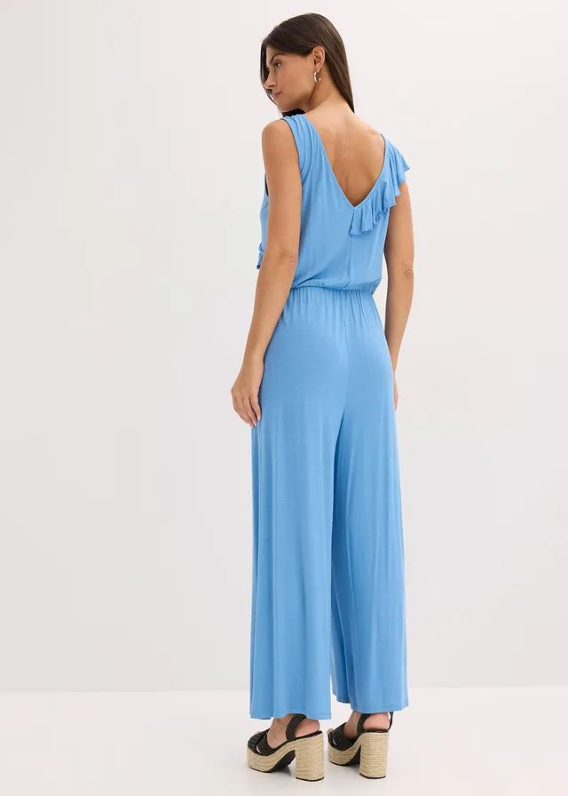 Jersey jumpsuit met volants, Kleur: middenblauw