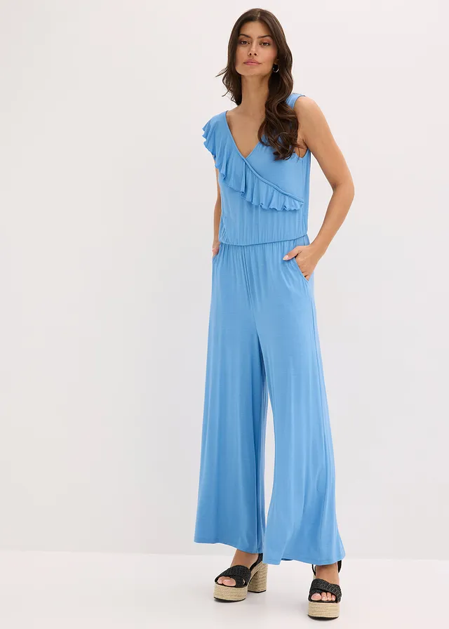 Jersey jumpsuit met volants, Kleur: middenblauw