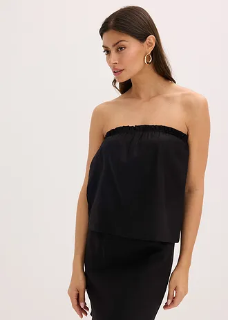 Blousetop met linnen, Kleur: zwart