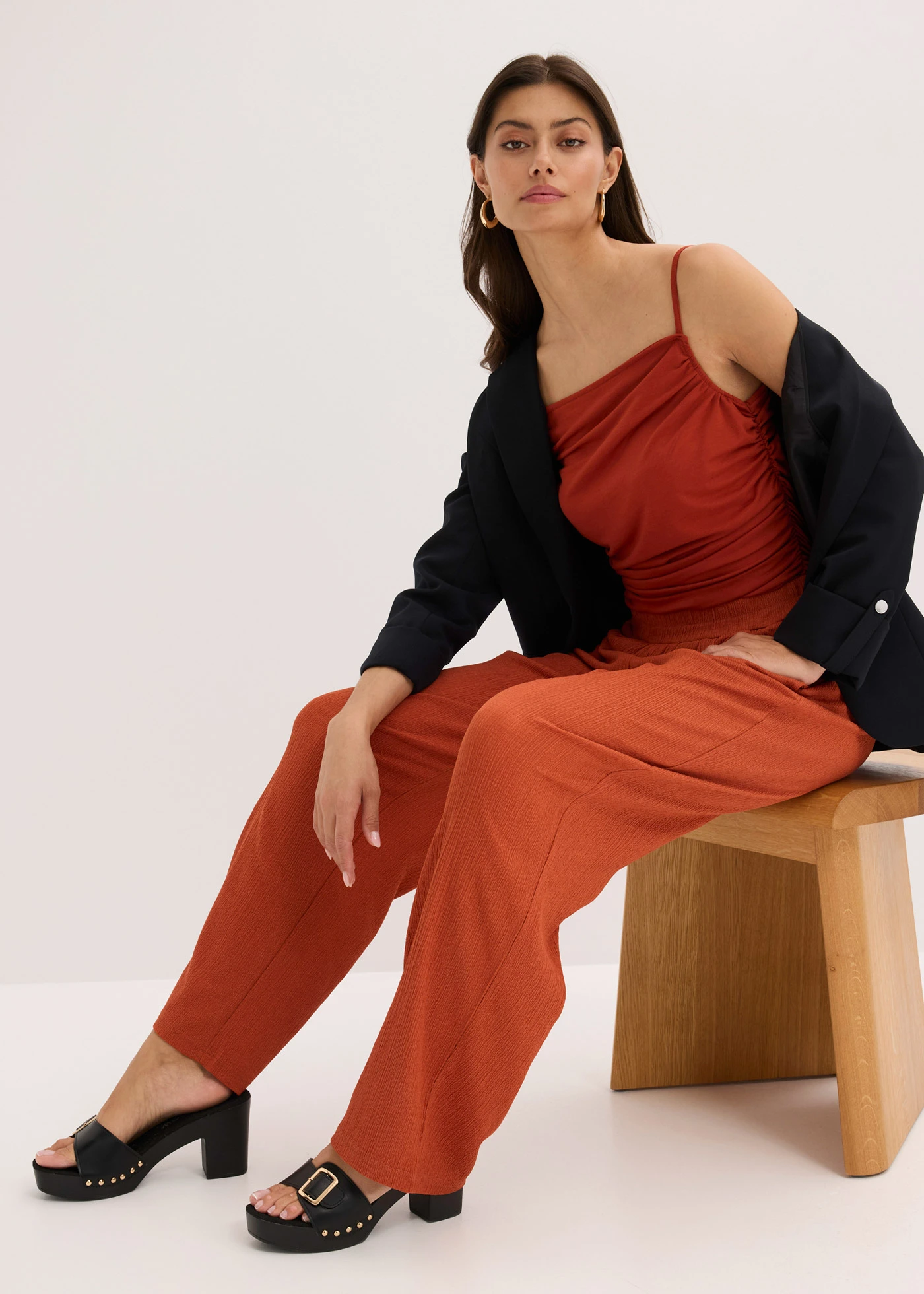 Jersey broek van crèpe • roestbruin • bonprix online shop