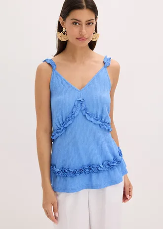 Top volanté à fines bretelles, Couleur: bleu moyen