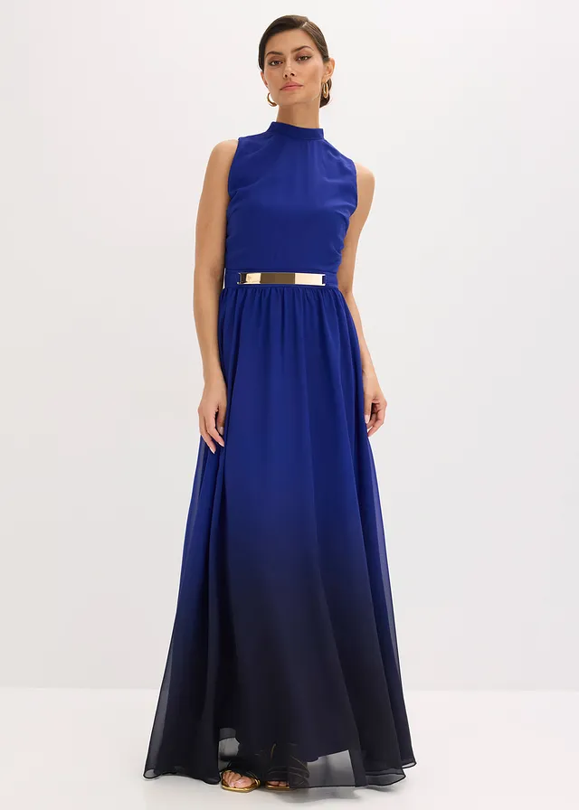 Chiffon jurk met kraag en accessoire, Kleur: blauw/zwart met print
