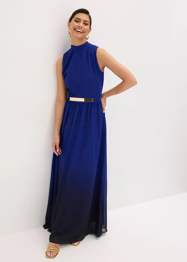 Chiffon jurk met kraag en accessoire, Kleur: blauw/zwart met print