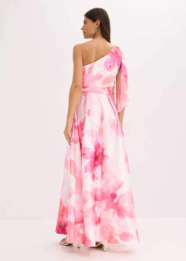Robe asymétrique en satin brillant, Couleur: blanc-rose vif floral