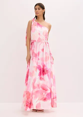One shoulder jurk van glanzend satijn, Kleur: wit/pink gebloemd