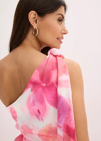 Egyvállas ruha fénylő szaténból • fehér-pink virágmintás • bonprix áruház