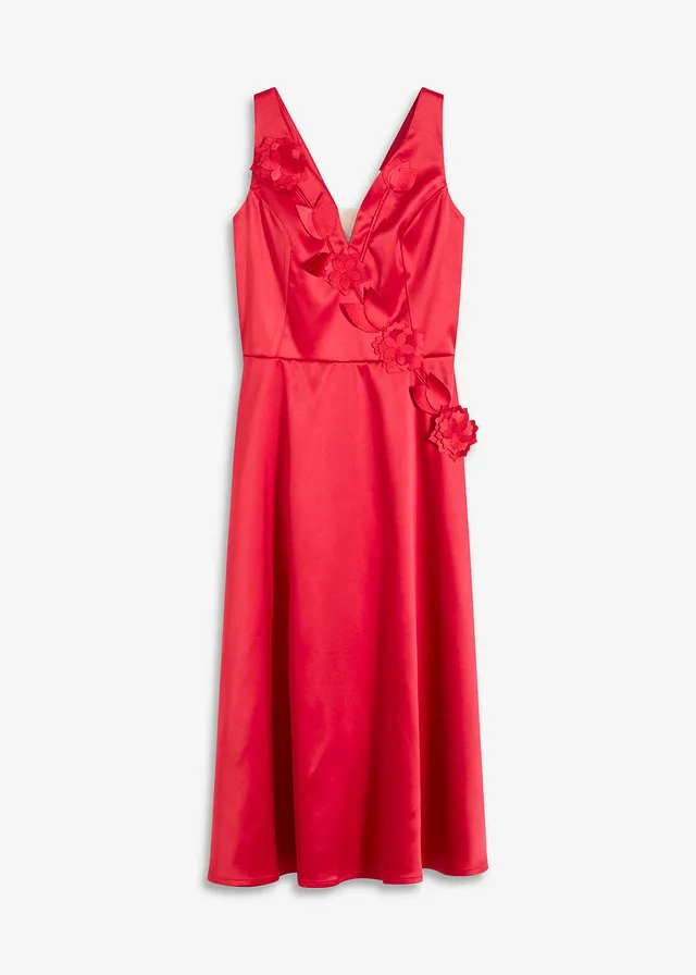 Rochie midi din satin lucios cu aplicații florale