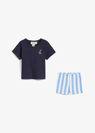 Tričko a kraťasy z čisté organické bavlny (2dílná souprava) • tmavě modrá s potiskem + střední modrá + béžová s proužky • bonprix obchod