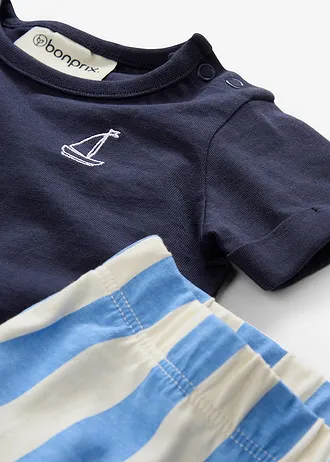 Tričko a kraťasy z čisté organické bavlny (2dílná souprava) • tmavě modrá s potiskem + střední modrá + béžová s proužky • bonprix obchod