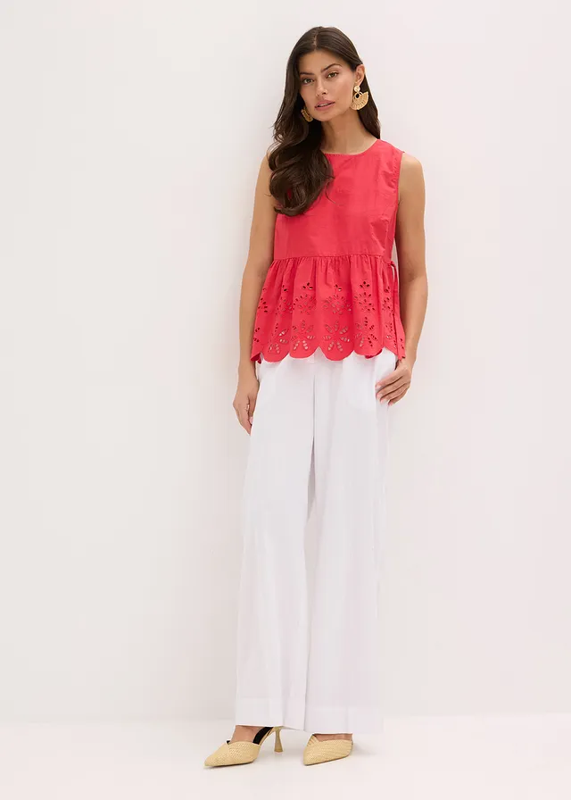 Blousetop zonder mouwen met split en broderie anglaise, Kleur: rood
