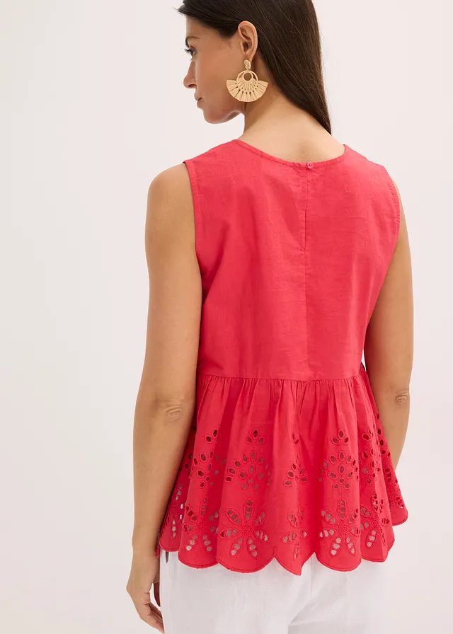 Blouse sans manches avec broderies anglaises, fendue sur les côtés, Couleur: rouge