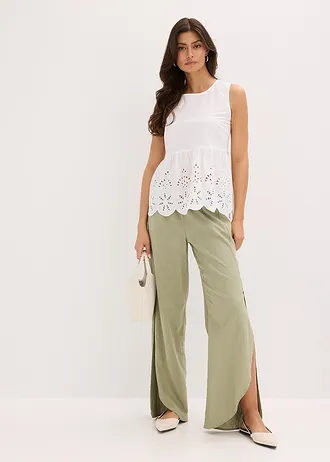 Mouwloze bloes met split en oogjesborduursel, Kleur: wit