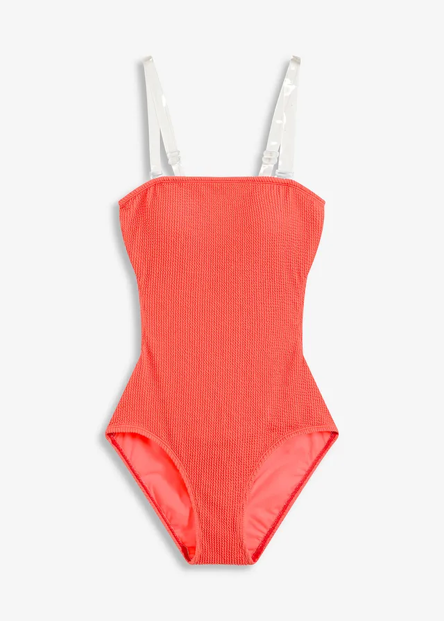 Costum de baie din material texturat cu bretele transparente