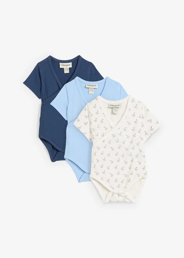 Lot de 3 bodies bébé croisés manches courtes, 100% coton, Couleur: bleu clair + écru + bleu profond imprimé