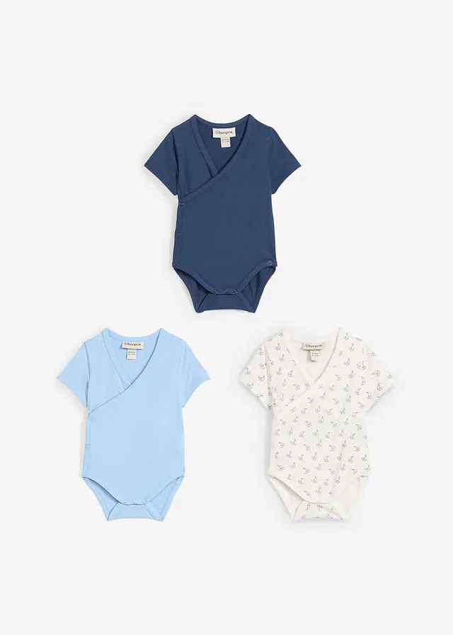 Lot de 3 bodies bébé croisés manches courtes, 100% coton, Couleur: bleu clair + écru + bleu profond imprimé