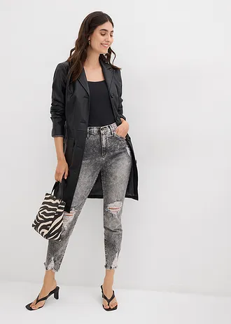 Jean Mom taille haute avec effets destroy, Couleur: gris denim used