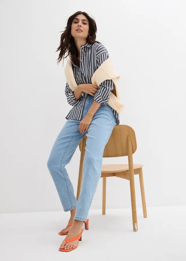 Mom jeans met high waist en stretch, Kleur: ijsblauw denim used