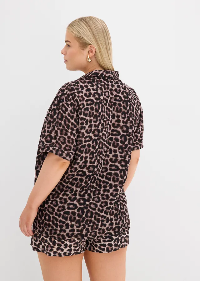 Oversized blouse van mousseline, Kleur: beige met luipaardprint
