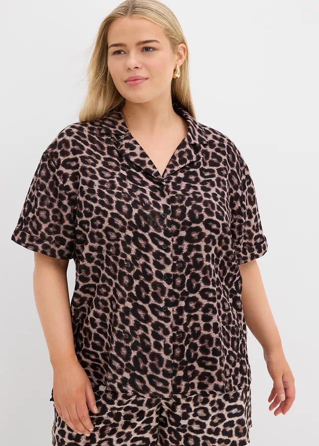 Oversized blouse van mousseline, Kleur: beige met luipaardprint