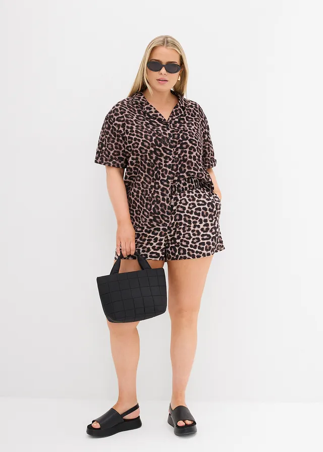 Oversized blouse van mousseline, Kleur: beige met luipaardprint
