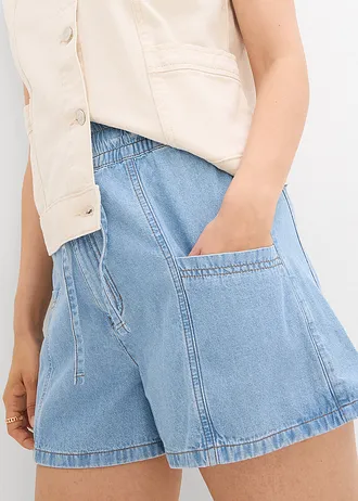 Szorty jeansowe high waist, wygodny pas • lodowy niebieski denim "used" • sklep bonprix