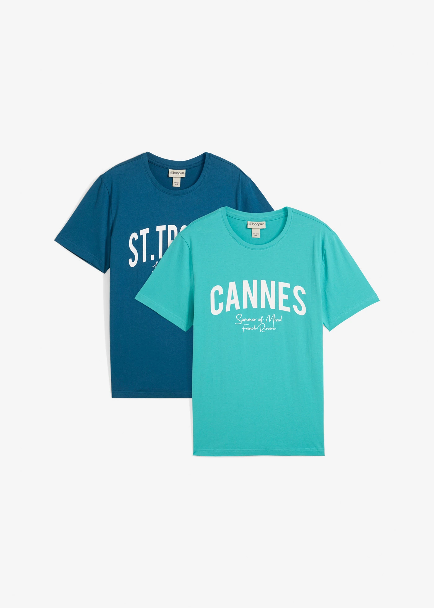 T-shirt van biologisch katoen (set van 2) • mat turkoois+blauwpetrol met print • bonprix online shop