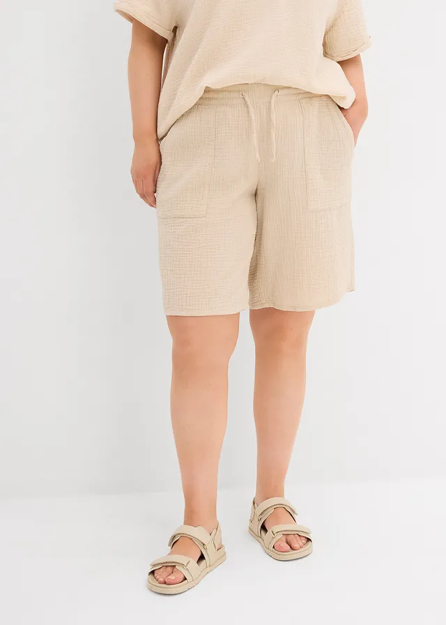 Bermuda en gaze de coton avec taille élastiquée, Couleur: sable clair
