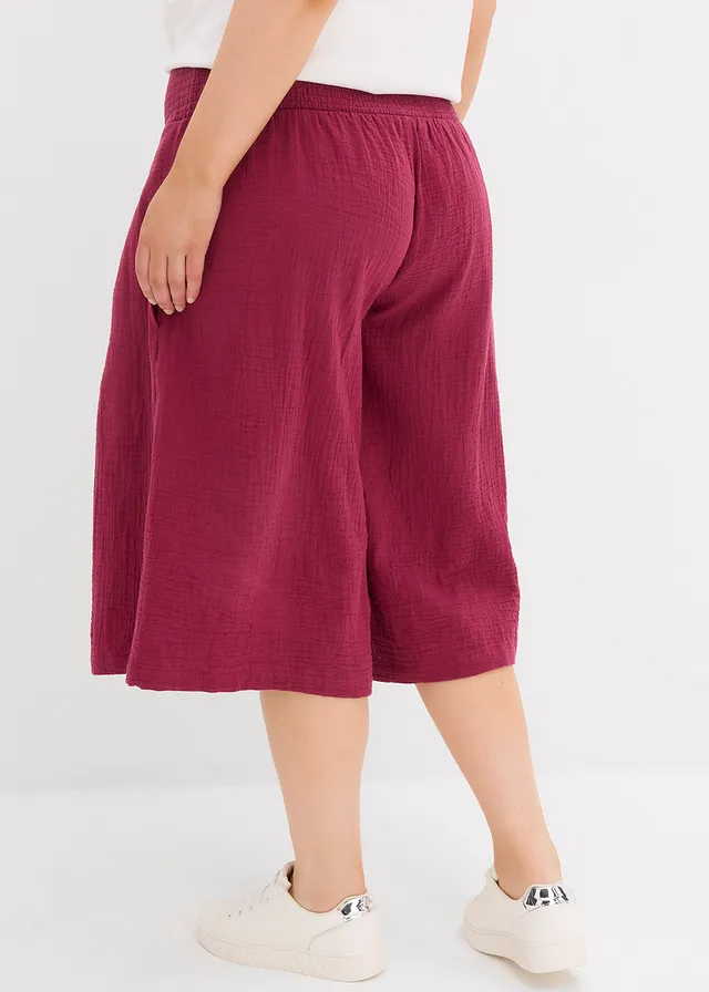 Capri broek van uachte mousseline, Kleur: rododendronrood