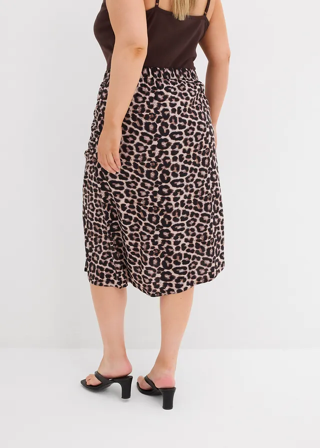 Rok met luipaardprint en split, Kleur: beige luipaardprint