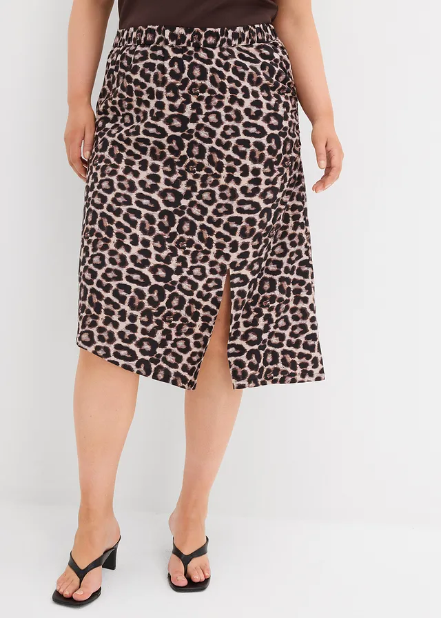 Rok met luipaardprint en split, Kleur: beige luipaardprint