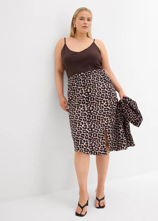Rok met luipaardprint en split, Kleur: beige luipaardprint
