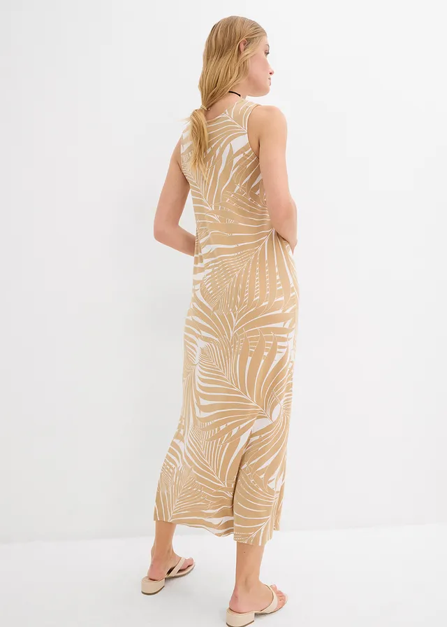 Jersey jurk in een soepele viscosemix, Kleur: wolwit-new beige met print