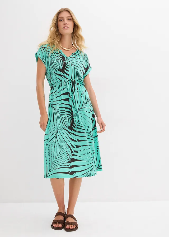 Jersey jurk van soepele viscosemix, Kleur: donkerbruin-mentholblauw gedessineerd