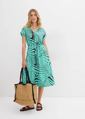 Jersey jurk van soepele viscosemix, Kleur: donkerbruin-mentholblauw grafische print