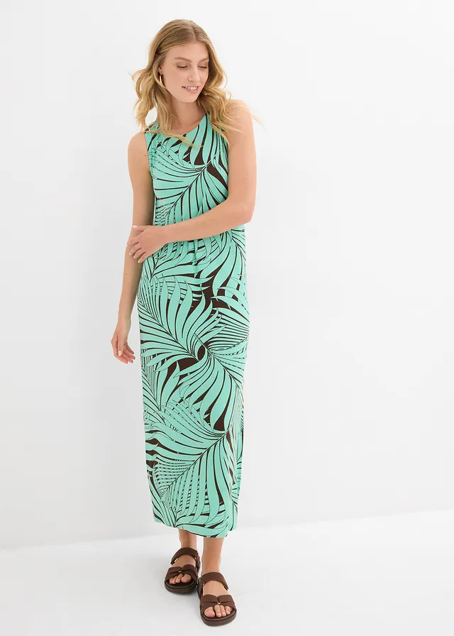Jersey jurk in een soepele viscosemix, Kleur: donkerbruin-mentholblauw met print