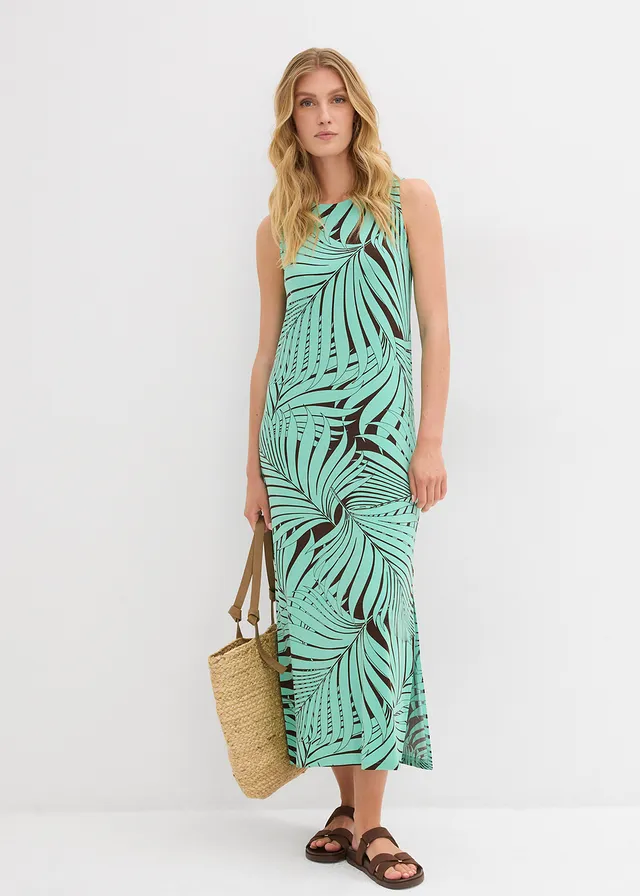 Jersey jurk in een soepele viscosemix, Kleur: donkerbruin-mentholblauw met print