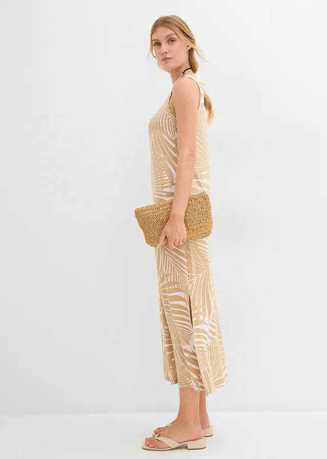 Jersey jurk in een soepele viscosemix, Kleur: wolwit-new beige met print