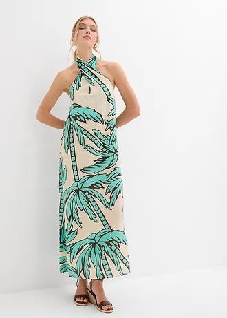 Robe dos nu, coupe évasée, Couleur: naturel-marron foncé-bleu menthol floral