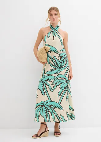 Robe dos nu, coupe évasée, Couleur: naturel-marron foncé-bleu menthol floral