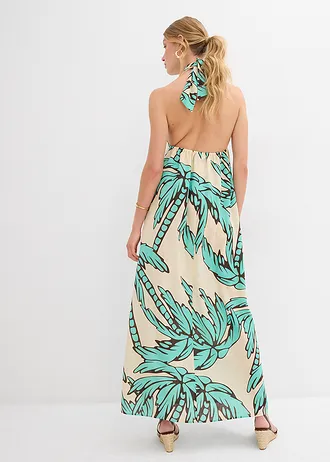 Robe dos nu, coupe évasée, Couleur: naturel-marron foncé-bleu menthol floral