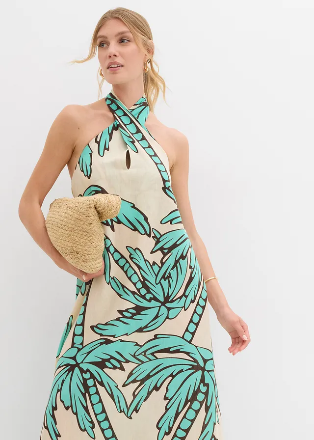 Robe dos nu, coupe évasée • naturel/marron foncé/bleu menthol floral • product-page.page-title-suffix