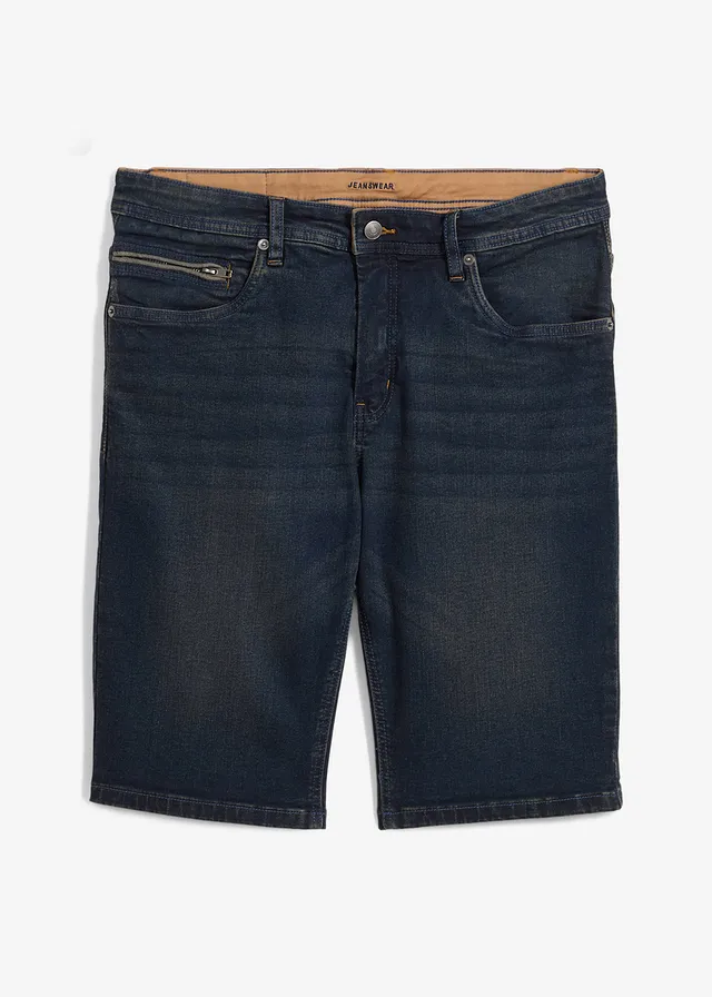 Bermuda en jean extensible, slim, Couleur: bleu/beige